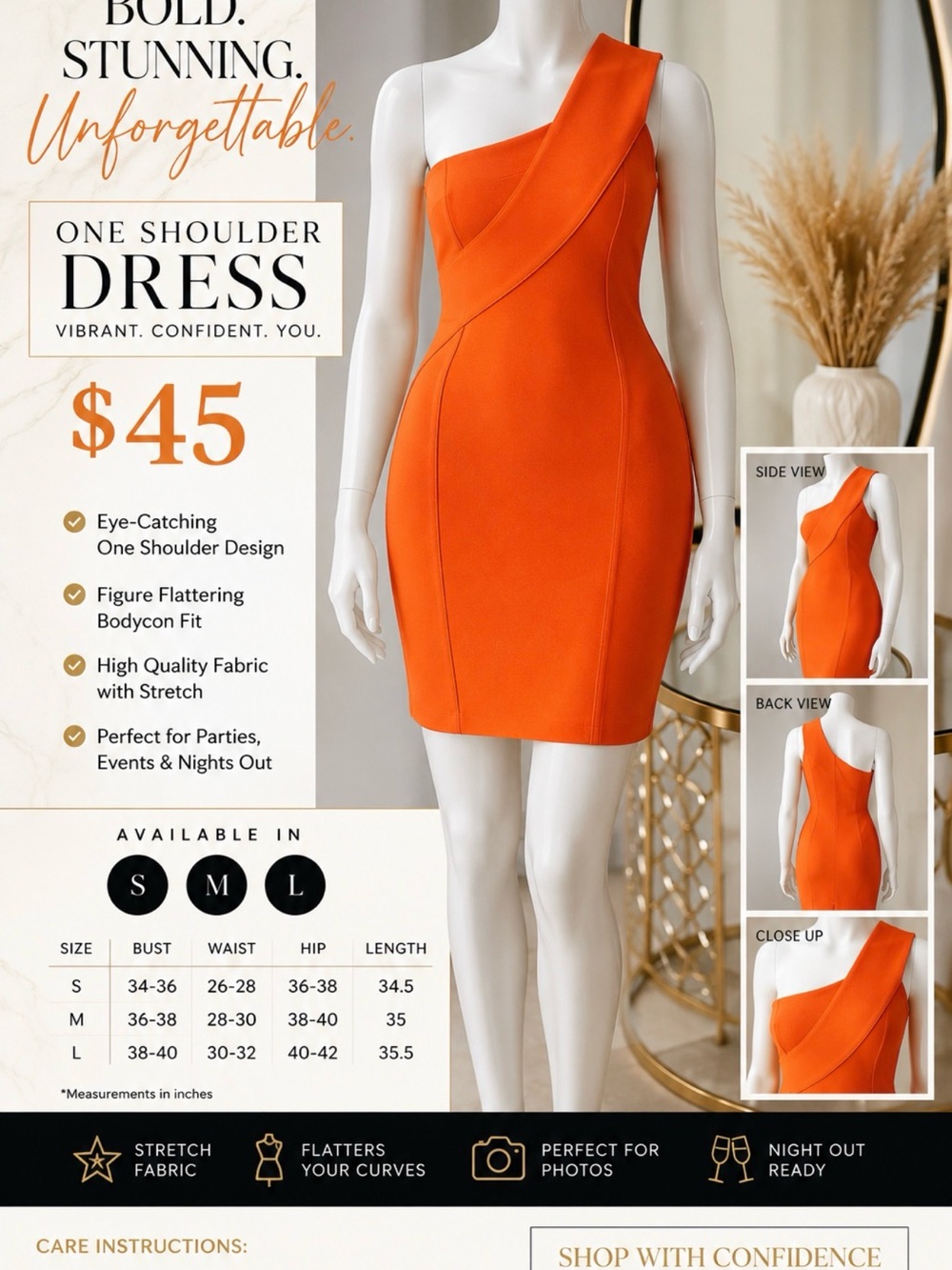 One-Shoulder Orange Bodycon Dress - Brand